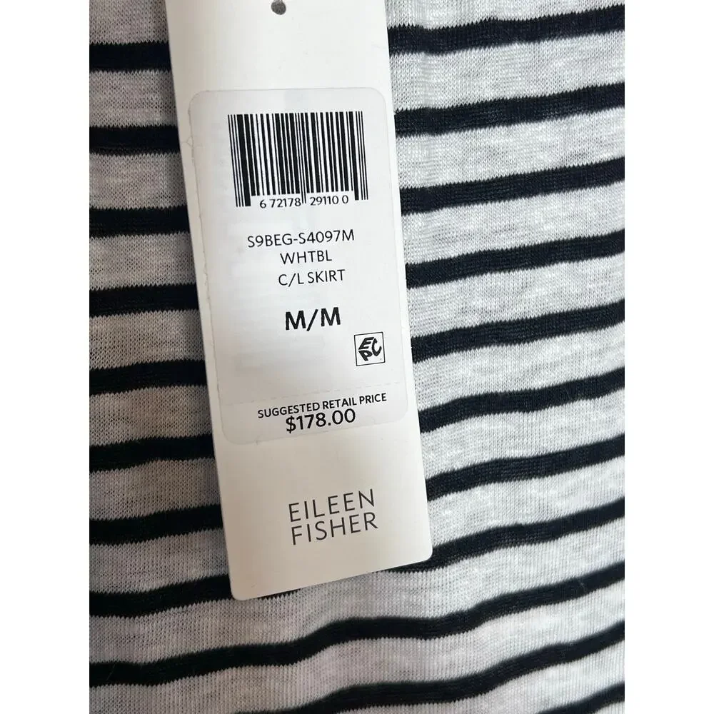 Eileen Fisher Sz M Organic Linen Stripe Long Skirt Midi Maxi Black White Pull On